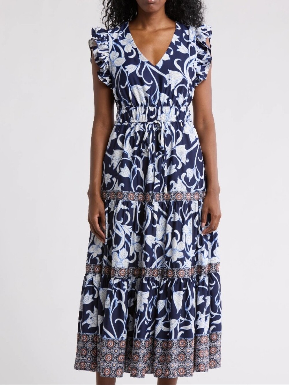 Anne Klein NWT $149 Navy Floral Tiered Maxi Dress Small Ruffle Sleeve Cottagecor